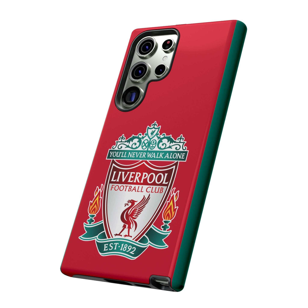 Liverpool FC magnetic shockproof Samsung Galaxy case in red with dual-layer protection and wireless charging compatibility