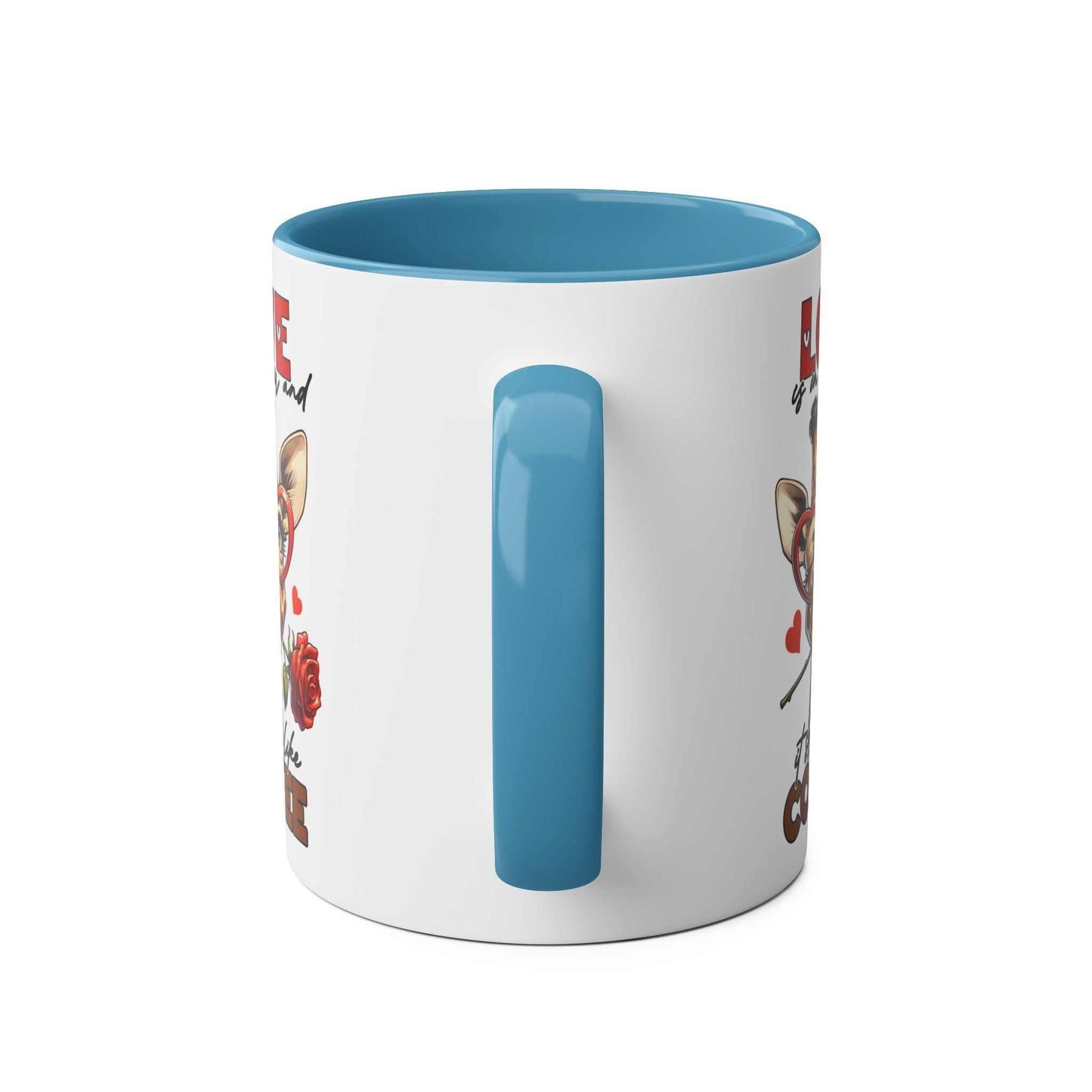 Playful giraffe design coffee mug with blue handle and interior, 11oz ceramic, glossy finish.