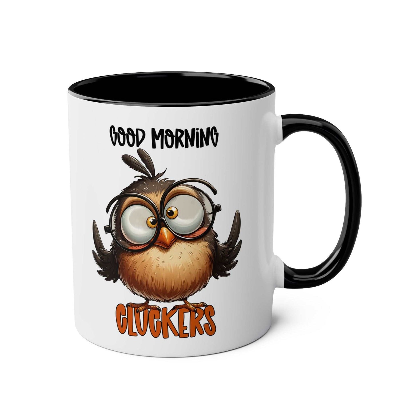 Funny Morning Cluckers Coffee Mug with glossy finish and cartoon design.