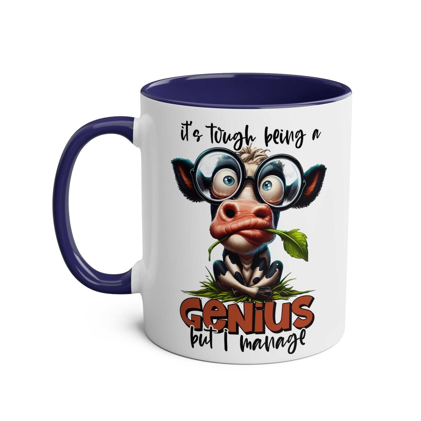 Genius Coffee Mug with funny animal graphic and text, 11oz ceramic, glossy finish.