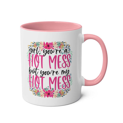 Hot Mess Coffee Mug with floral design, pink handle, and playful quote.