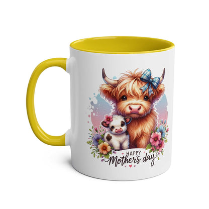 Cute Highland Cow Mother's Day gift mug with floral design and yellow interior handle.