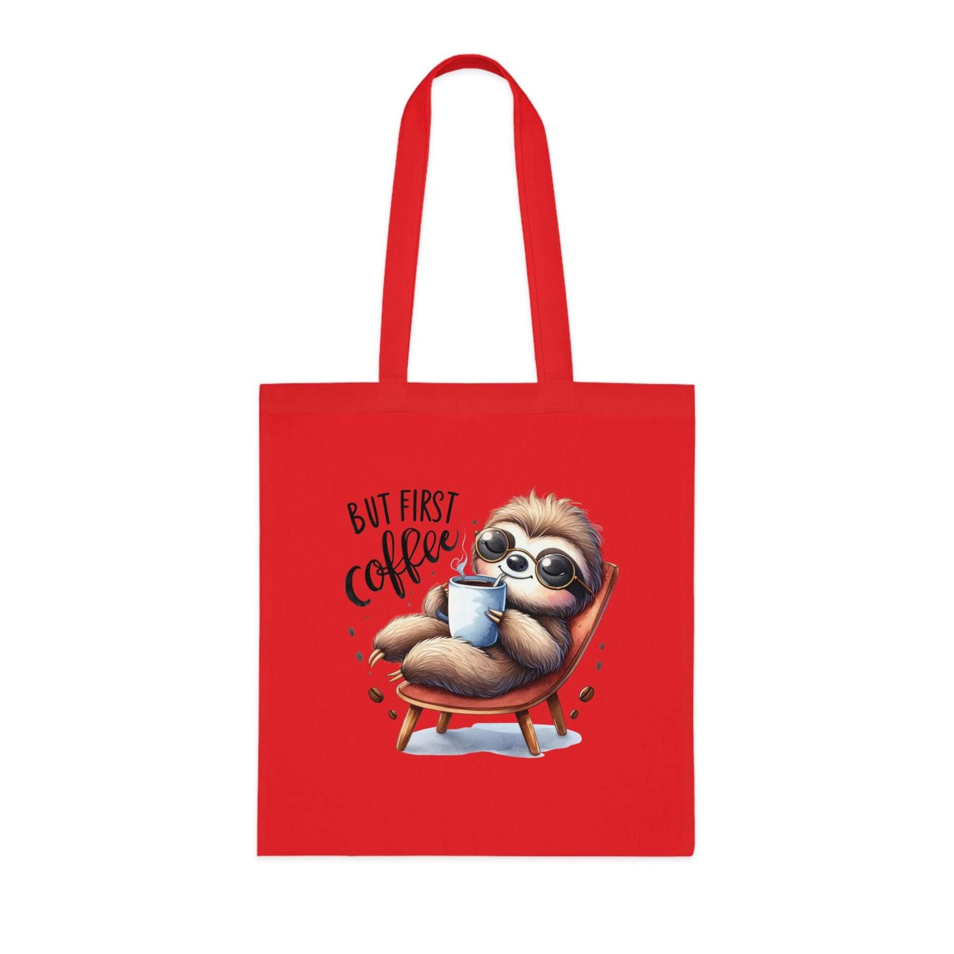 Cute sloth tote bag with "But First Coffee" design, vibrant red, cotton fabric.