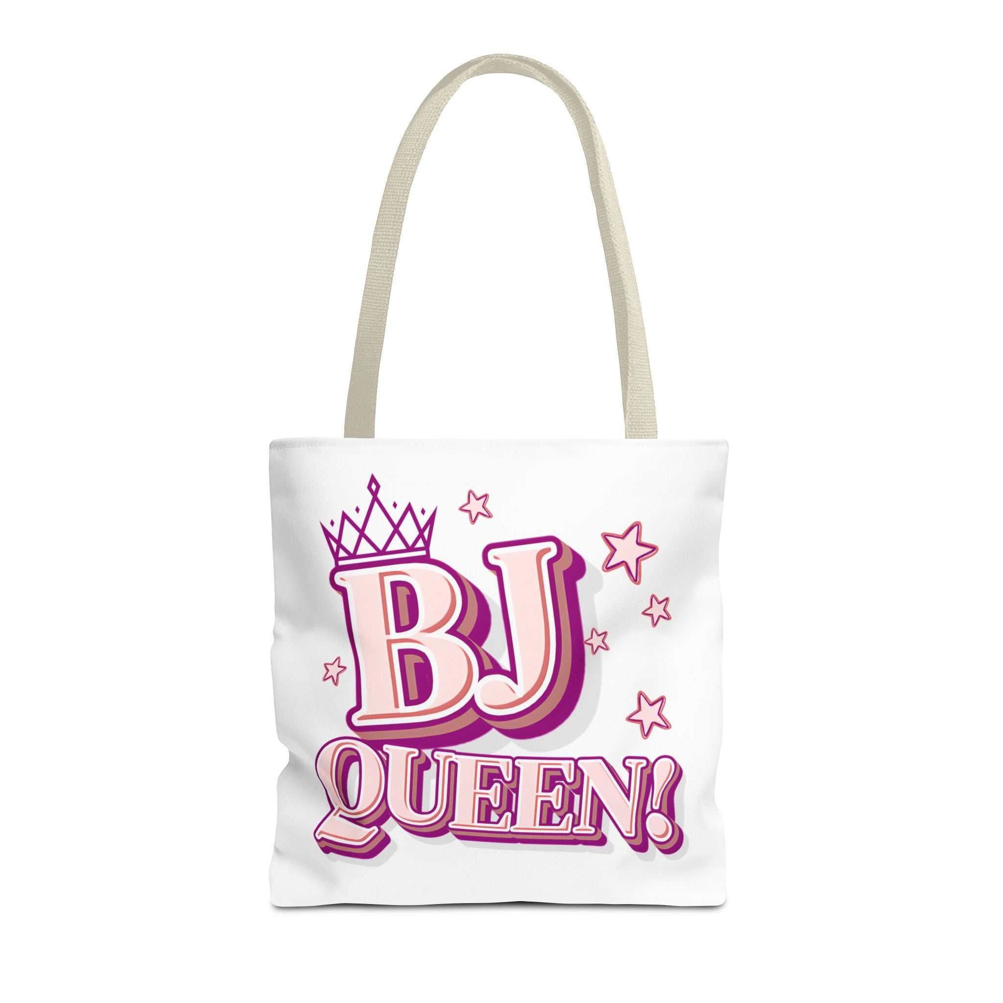 BJ Queen Tote Bag with cheeky design, durable spun polyester, multiple sizes and handle colors