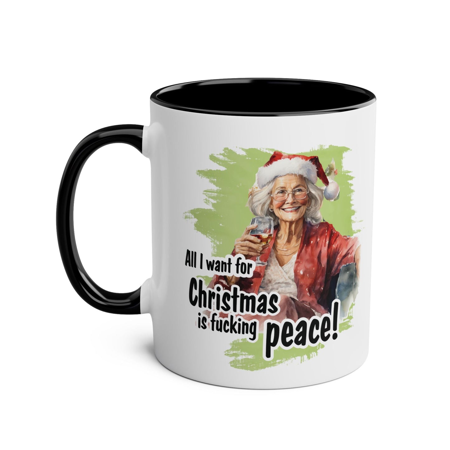 Festive sweary granny Christmas mug with humorous peace message, black handle, and Santa hat design.