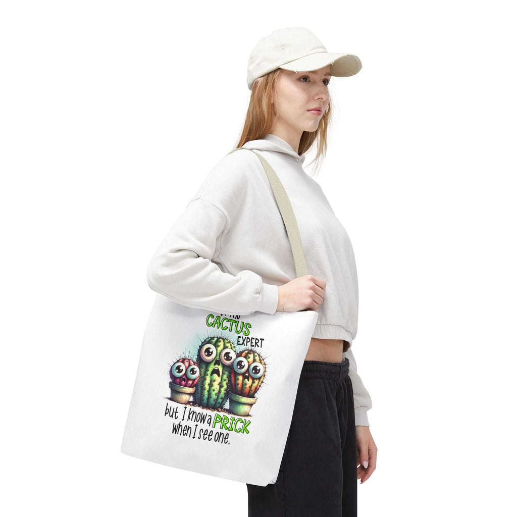 Fun cactus tote bag with cheeky design and colorful handles