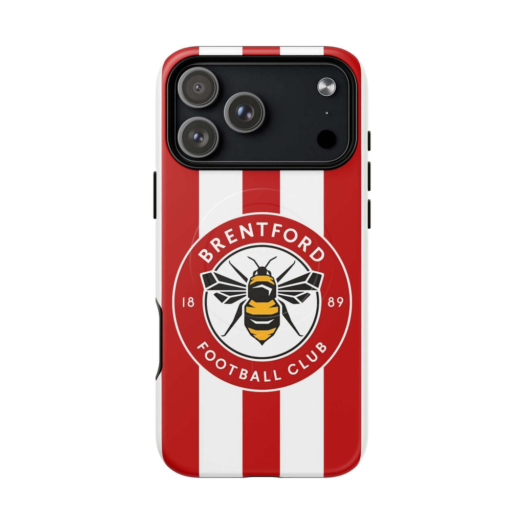 Brentford FC MagSafe iPhone case with red and white stripes and club crest, dual-layer protection and MagSafe compatibility