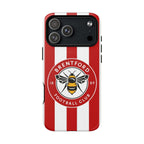 Brentford FC MagSafe iPhone case with red and white stripes and club crest, dual-layer protection and MagSafe compatibility