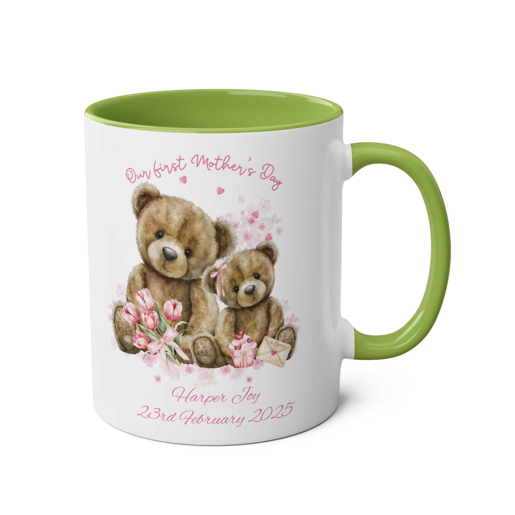 Personalised Our First Mother's Day mug with teddy bear design, baby's name, and date, glossy ceramic gift for new mum
