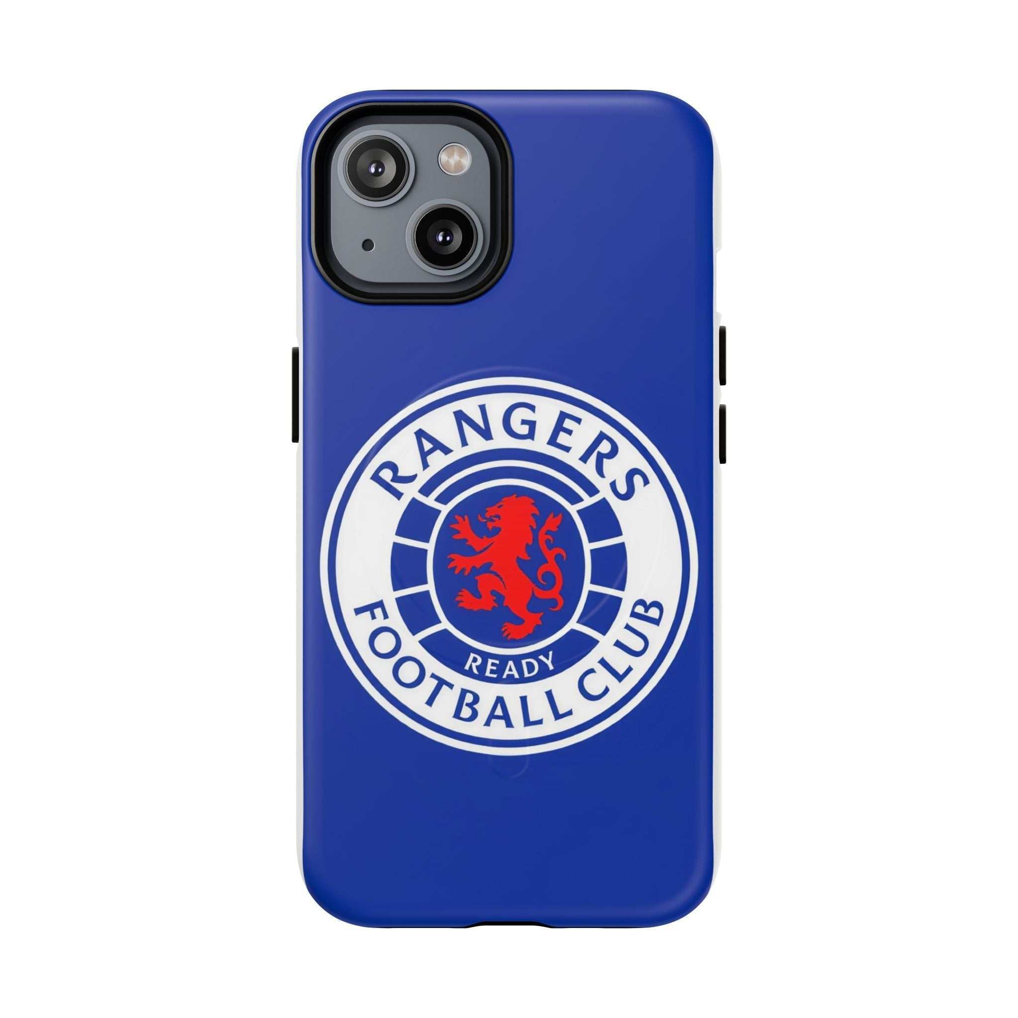 Rangers FC MagSafe iPhone case in royal blue with official-inspired crest, dual layer protection and wireless charging compatible.