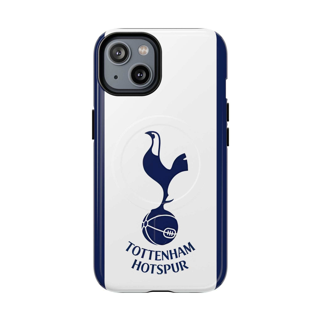 Tottenham FC MagSafe compatible iPhone case with white and navy design, Spurs crest, dual-layer protection, and shock-absorbing TPU liner