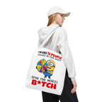 Funny Minion tote bag with cheeky design, durable spun polyester, multiple sizes and handle colors, perfect for everyday use