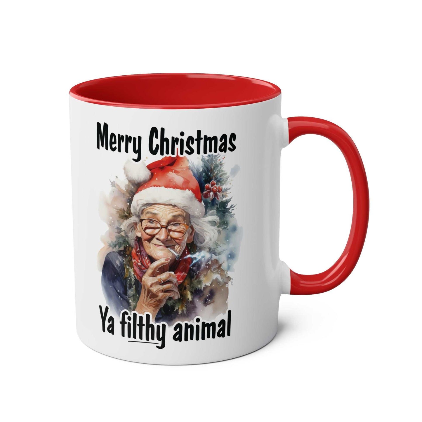 Festive Sweary Granny Christmas mug with red handle and humorous design.