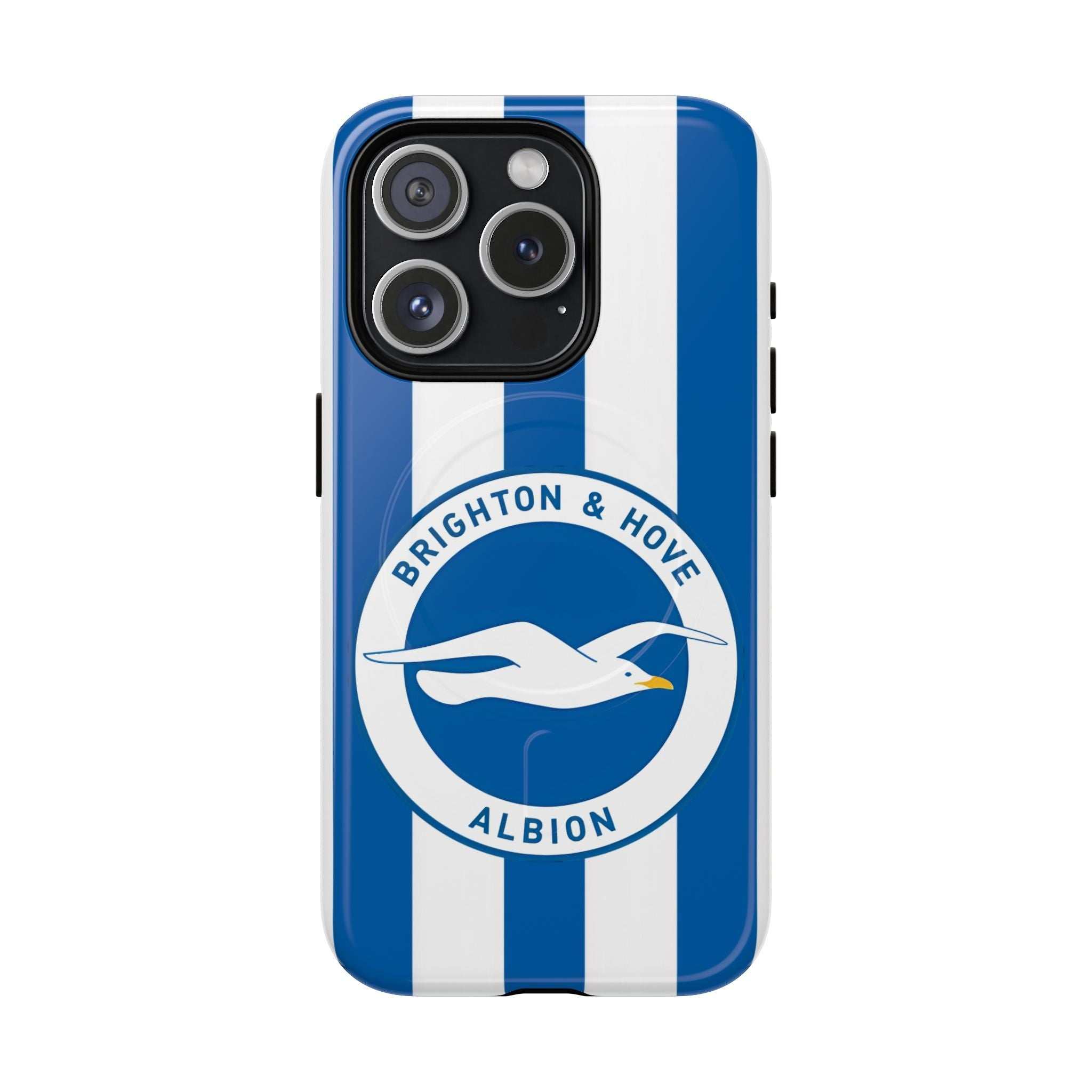 Brighton FC MagSafe iPhone case with blue and white stripes and seagull crest, dual-layer protection and MagSafe compatibility