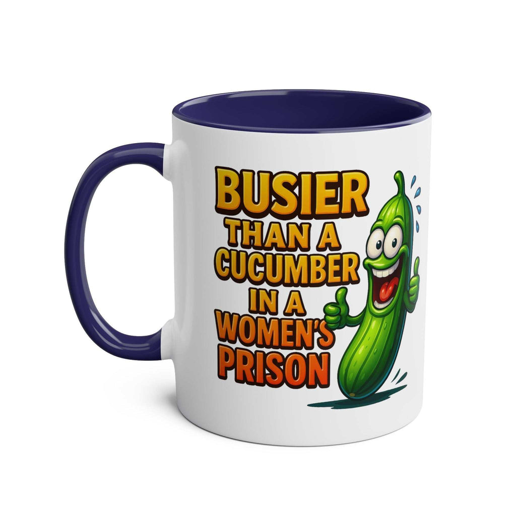 Busier Than a Cucumber coffee mug with cheeky text in vibrant colors, perfect humorous gift