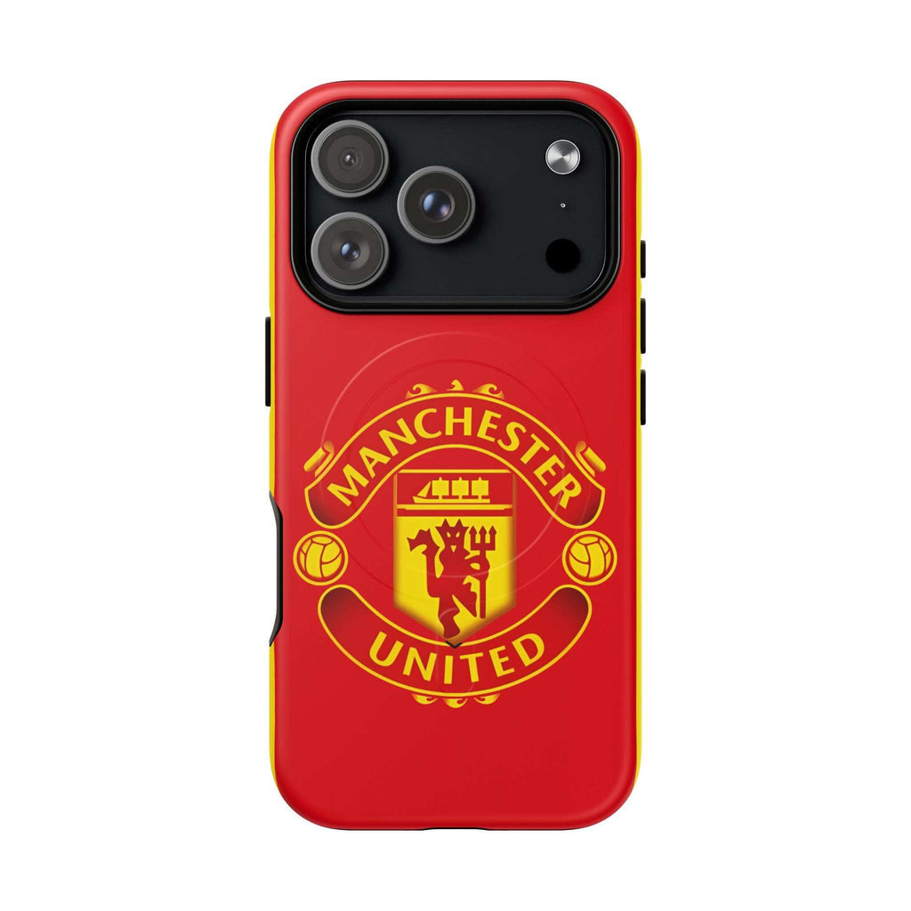 Manchester United MagSafe iPhone case with red design and official-inspired crest, dual-layer protection, and MagSafe compatibility.