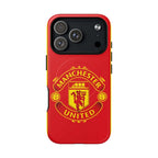 Manchester United MagSafe iPhone case with red design and official-inspired crest, dual-layer protection, and MagSafe compatibility.