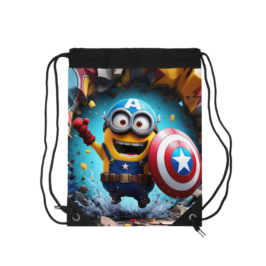 Minion Captain America drawstring bag with superhero design, durable polyester, and spacious interior for kids and fans