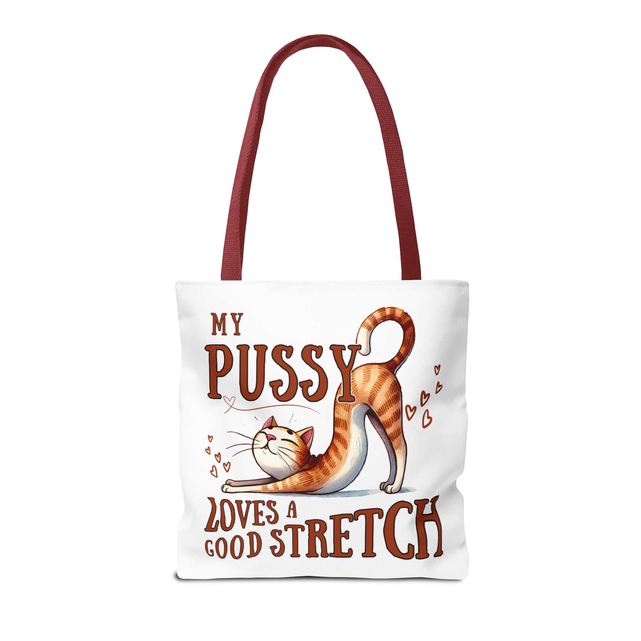 Fun stretching cat print tote bag with multiple sizes and colorful handles