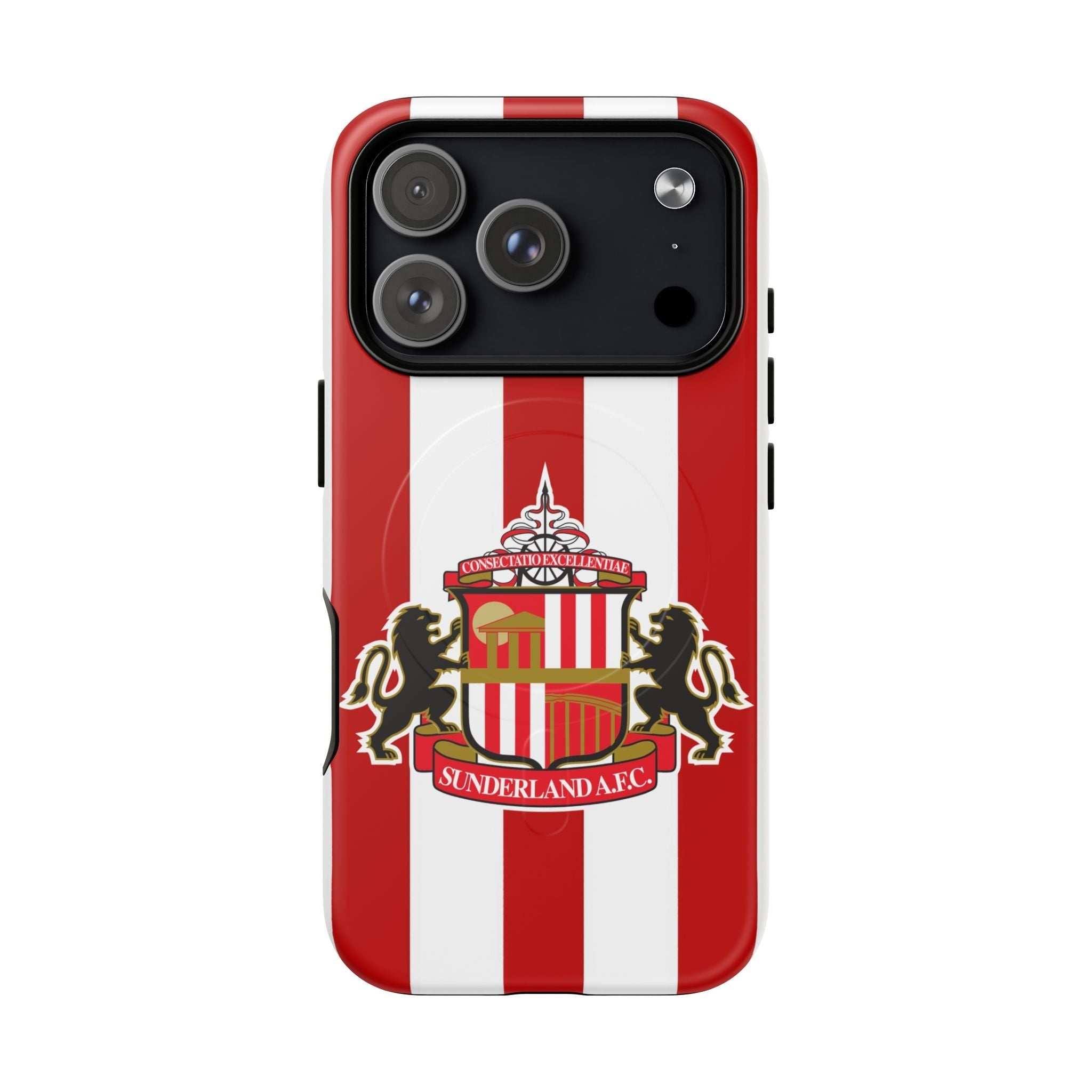 Sunderland FC MagSafe iPhone case with red and white stripes and club crest, dual-layer protection, MagSafe compatible