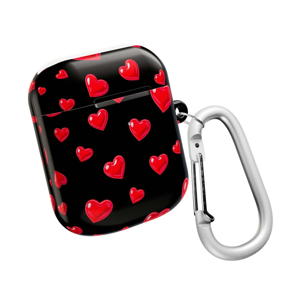 Black Hearts AirPods Case with red hearts pattern, hard shell protective cover compatible with AirPods and AirPods Pro, lightweight with carabiner clip