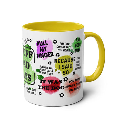 Fun Fathers Day Gift Mug with colorful phrases, yellow handle and interior, 11oz ceramic, glossy finish.