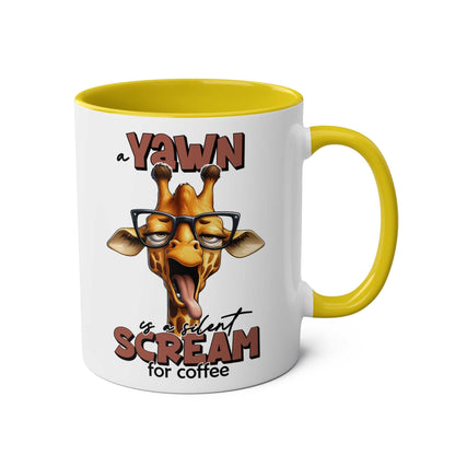 Yawn Coffee Mug with quirky giraffe design and yellow handle.