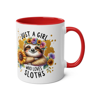 Cute sloth coffee mug with floral design and red interior.