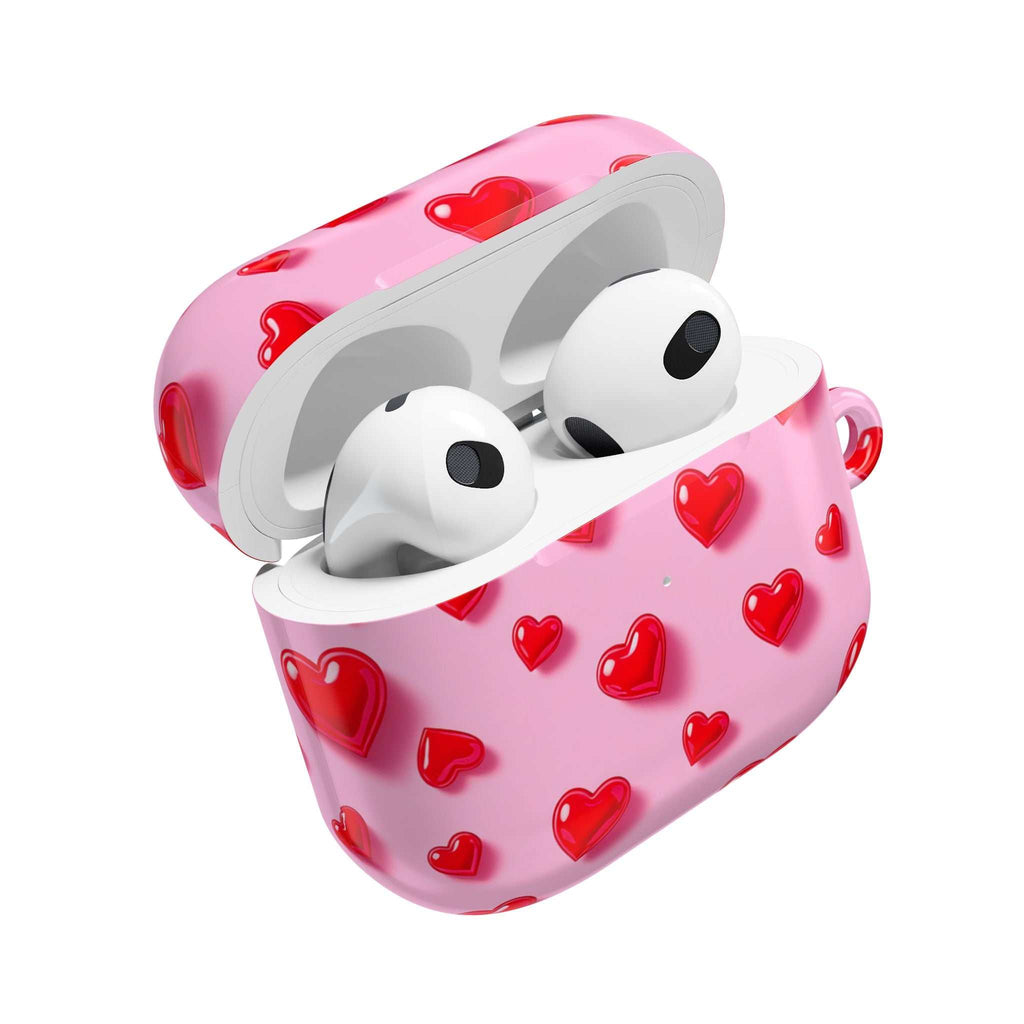 Pink Hearts AirPods protective hard shell case with vibrant red hearts design, compatible with AirPods and AirPods Pro.