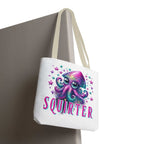 Cheeky Squirter Squid Tote Bag in multiple sizes with colorful handles, durable polyester, and fun playful design