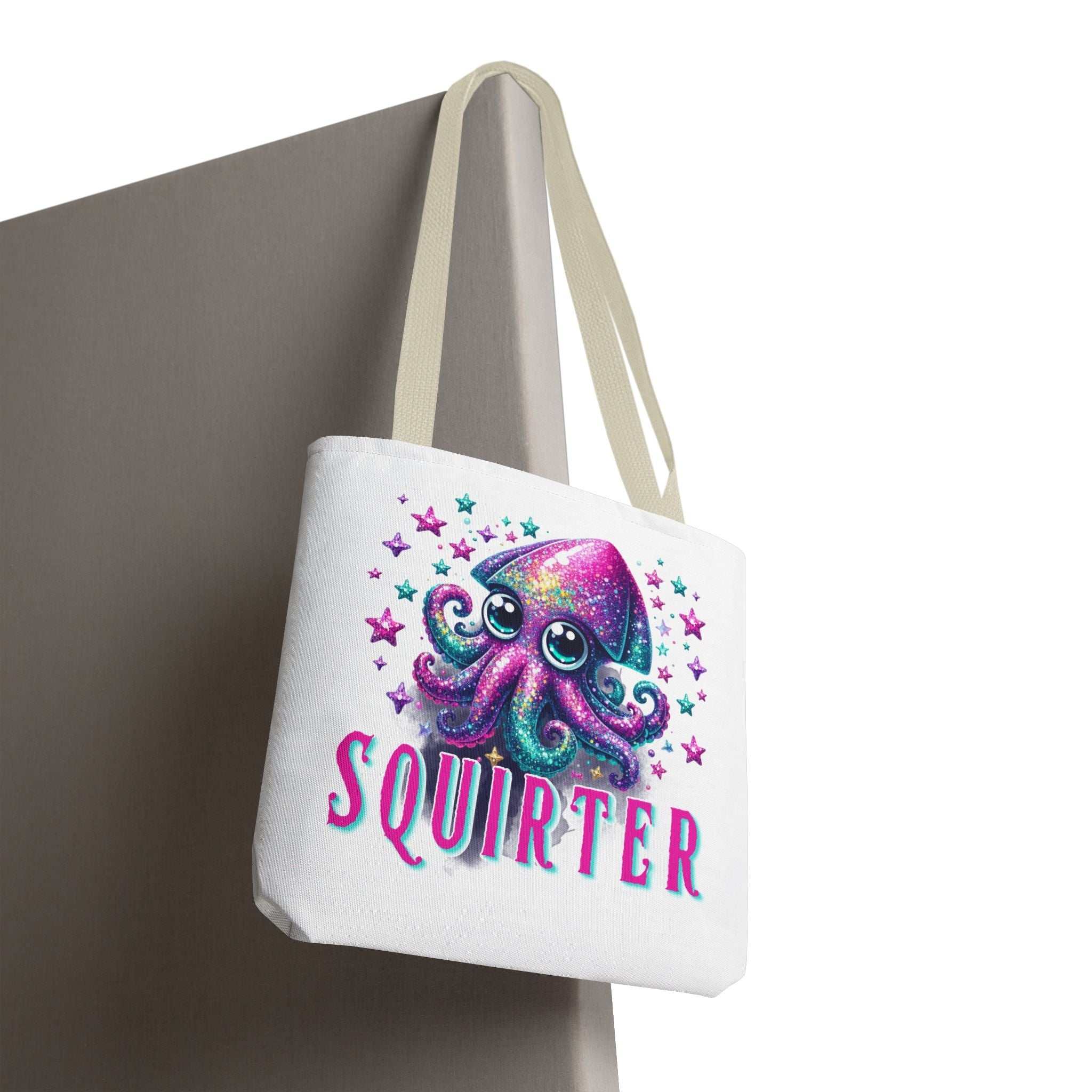 Cheeky Squirter Squid Tote Bag in multiple sizes with colorful handles, durable polyester, and fun playful design