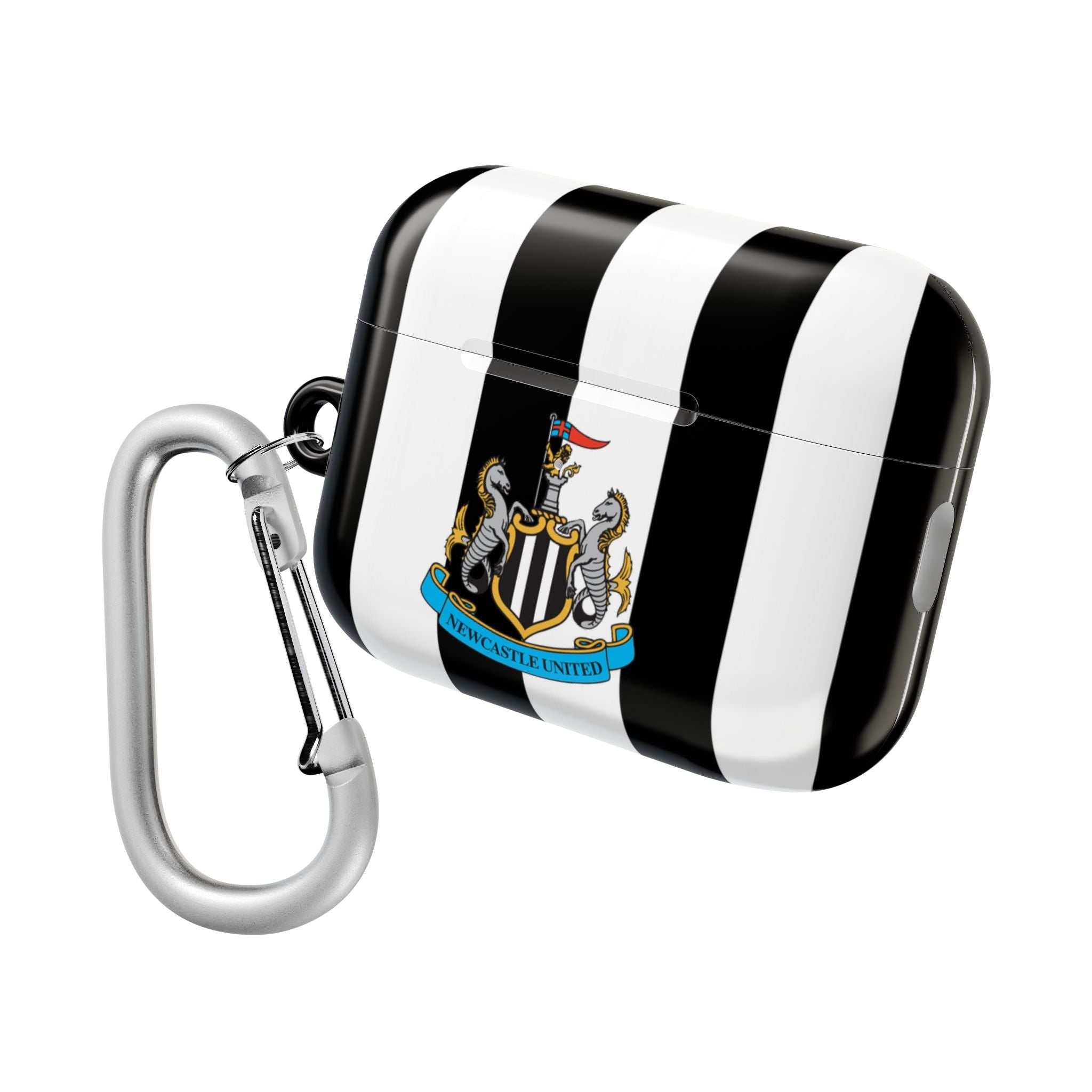 Newcastle Utd FC AirPods protective case with black and white stripes and club crest, durable and wireless charging compatible