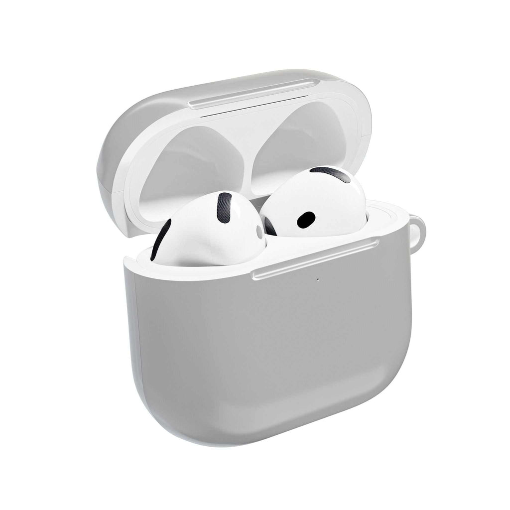 Silver AirPods/Pro hard shell protective case with glossy finish, slim design, and wireless charging compatibility.