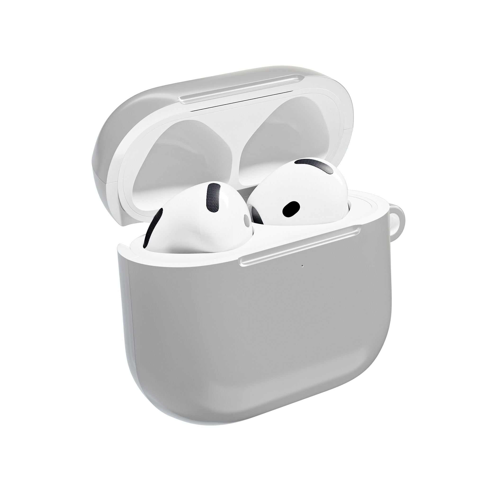 Silver AirPods/Pro hard shell protective case with glossy finish, slim design, and wireless charging compatibility.