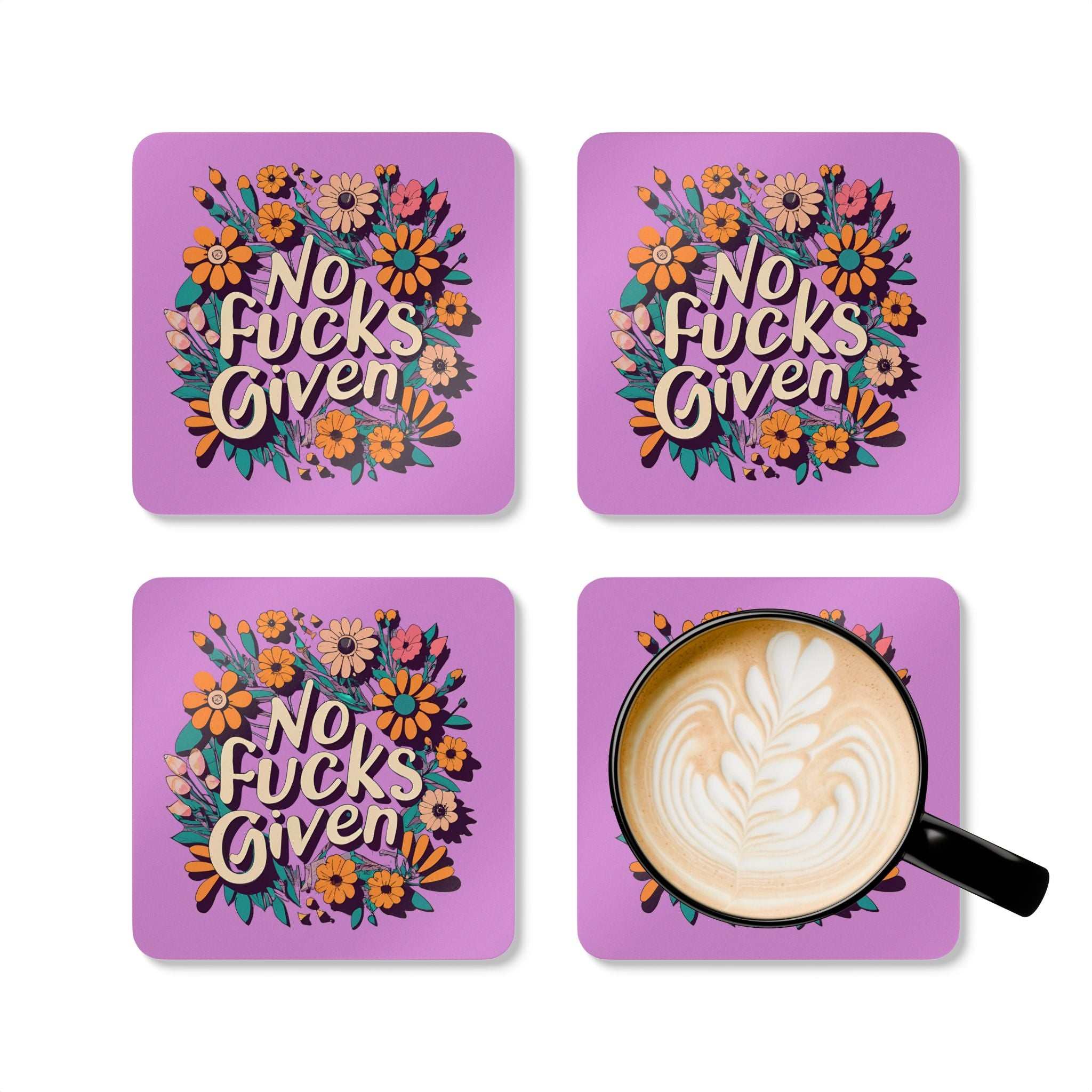No Fucks Given coaster set with floral design, playful home accessory.