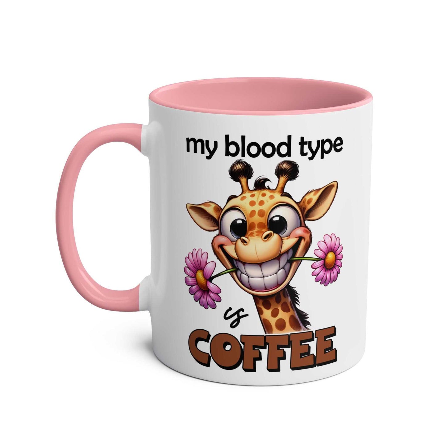 Funny giraffe design "My Blood Type is Coffee" mug with pink handle.