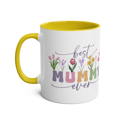 Best Mummy Ever Mother's Day gift mug with colorful floral design and yellow handle.