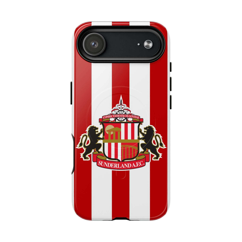 Sunderland FC MagSafe iPhone case with red and white stripes and club crest, dual-layer protection, and wireless charging compatible
