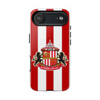 Sunderland FC MagSafe iPhone case with red and white stripes and club crest, dual-layer protection, and wireless charging compatible