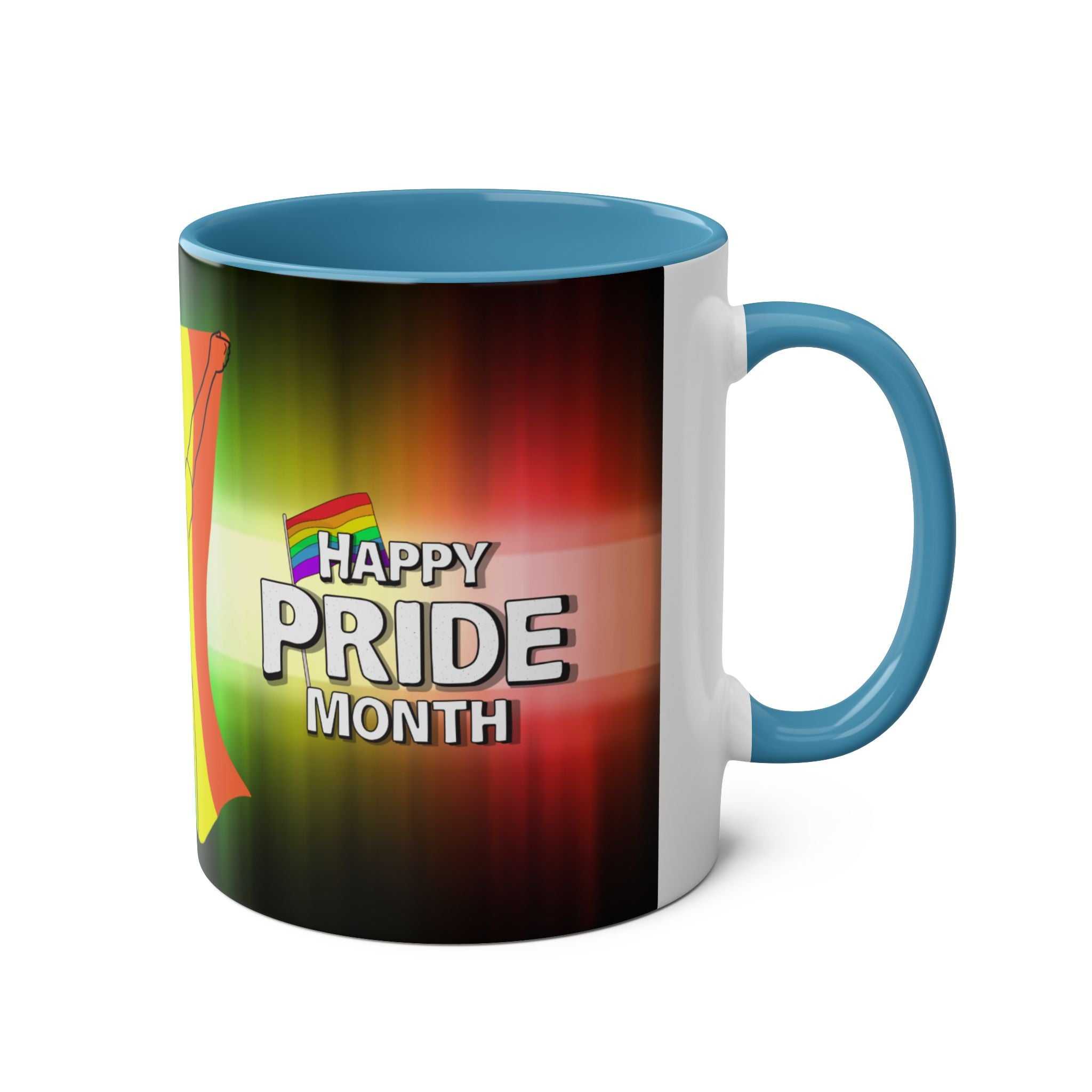 LGBTQ+ Pride Mug with vibrant rainbow design and "Happy Pride Month" text, 11oz ceramic, glossy finish.