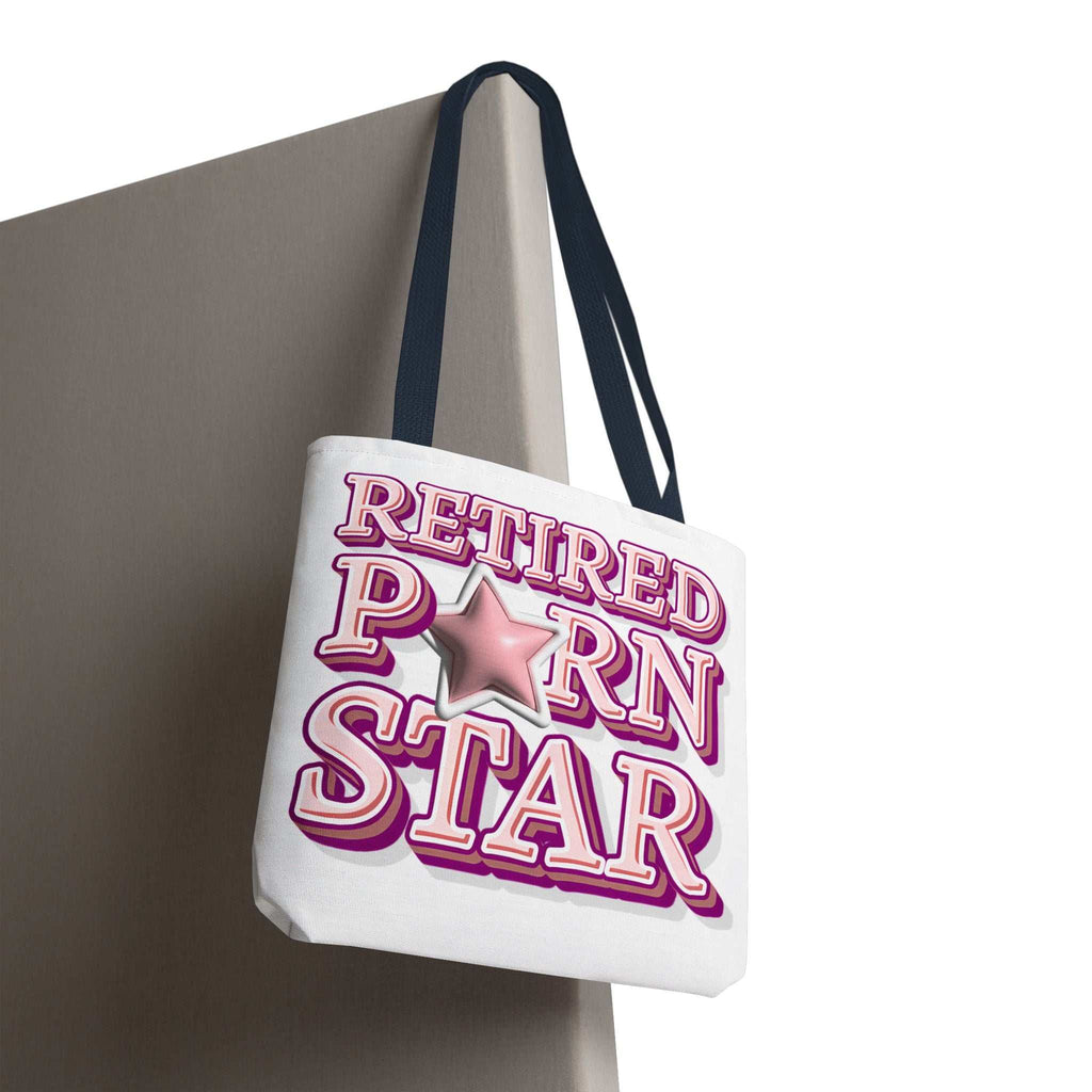 Retired Porn Star Tote Bag with cheeky design, durable spun polyester, multiple sizes and handle color options