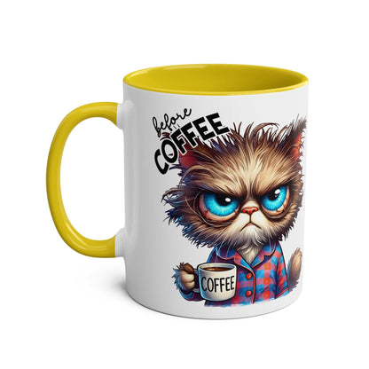 Fun sarcastic coffee mug with a grumpy cat design and yellow interior.