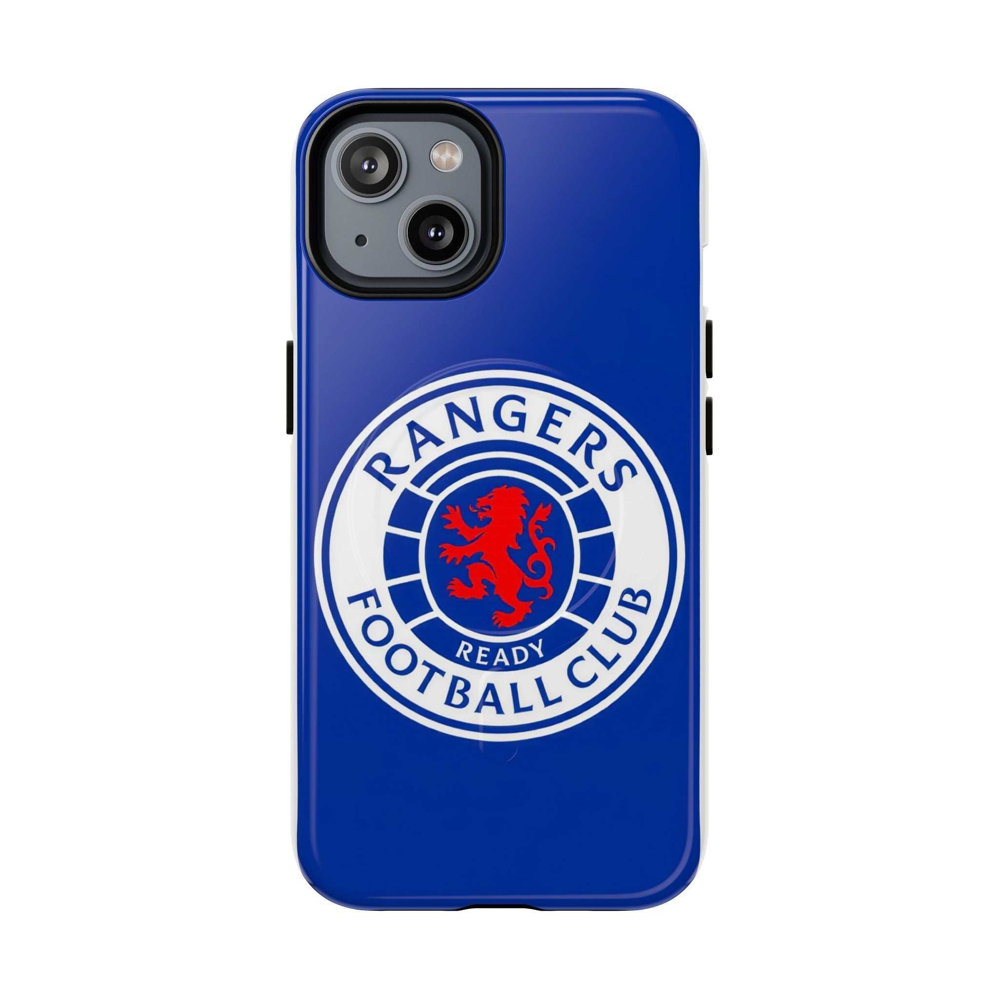 Rangers FC MagSafe iPhone case in royal blue with club crest, dual-layer protection, MagSafe compatible, slim and durable design