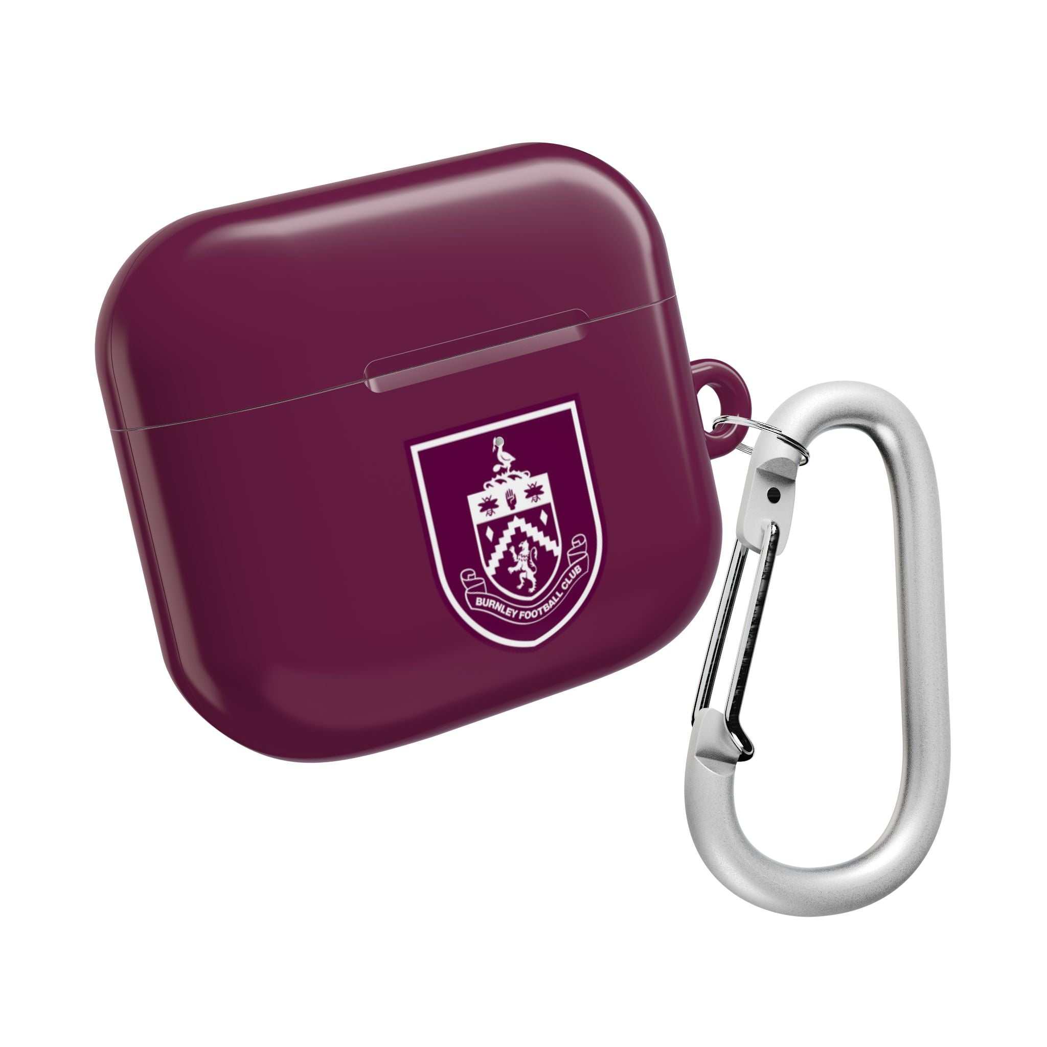 Burnley FC AirPods protective case in claret with club crest and carabiner clip