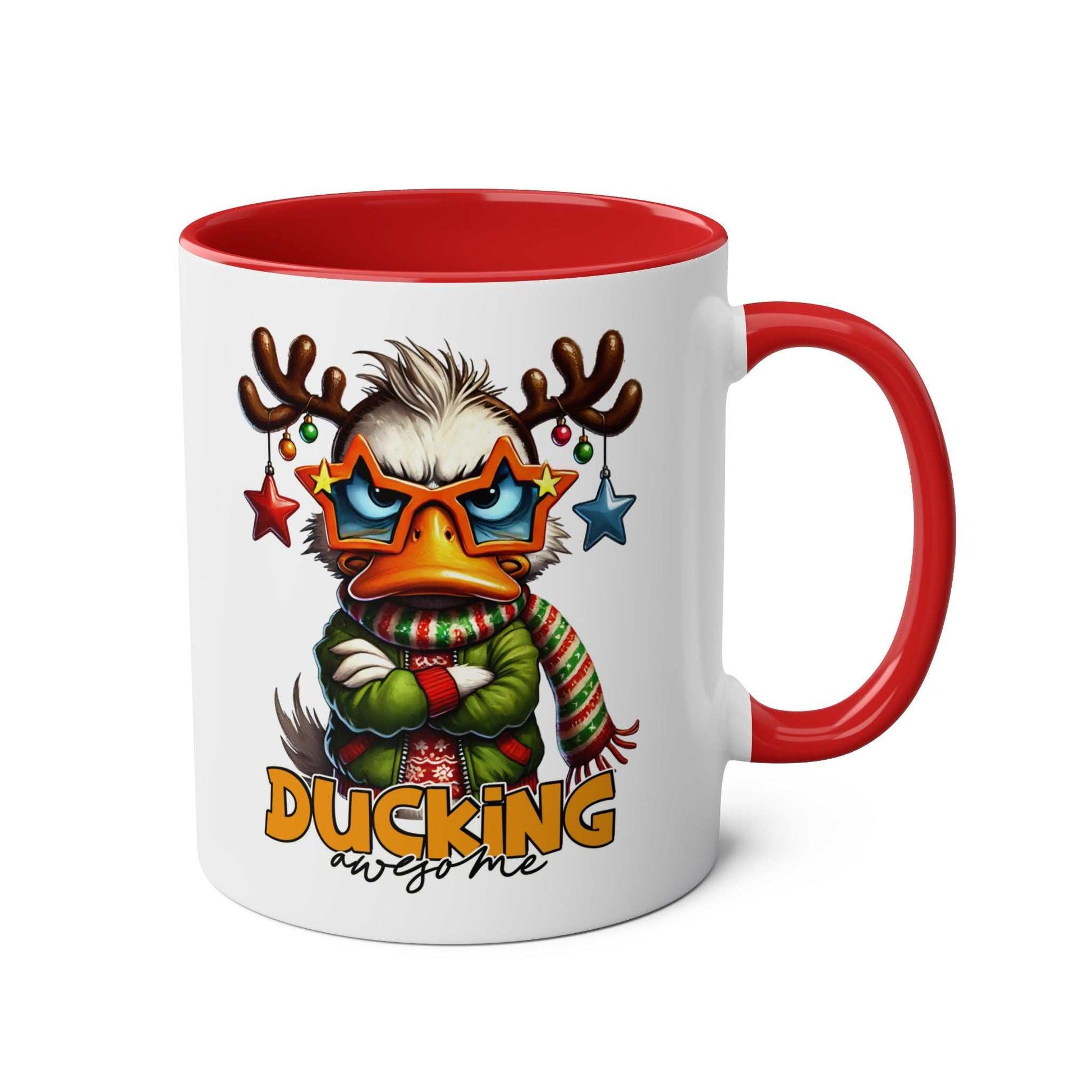 Sarky Christmas Mug with duck design, 11oz ceramic, available in 7 colors, microwave and dishwasher safe.