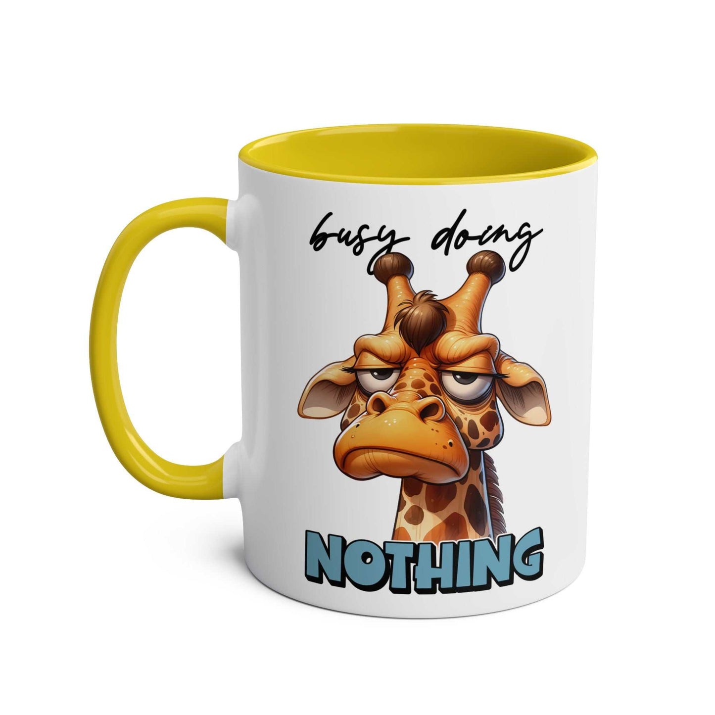 Giraffe design coffee mug with "Busy Doing Nothing" text, yellow interior and handle.