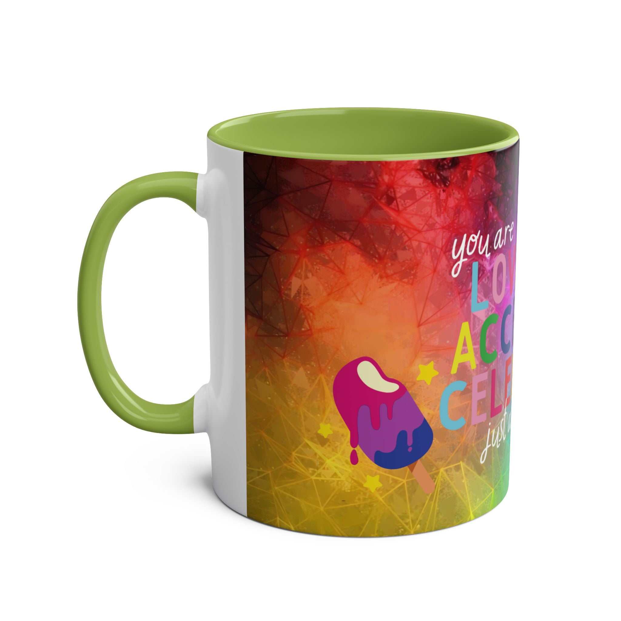 LGBTQ+ Pride Mug with vibrant rainbow design, ceramic, glossy finish.