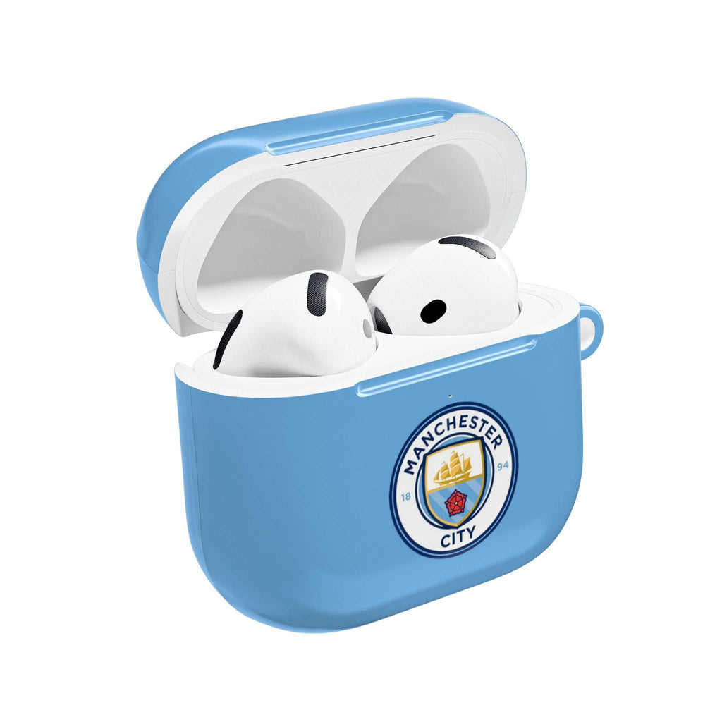 Manchester City FC AirPods protective case in sky blue with club crest, shock-resistant and wireless charging compatible