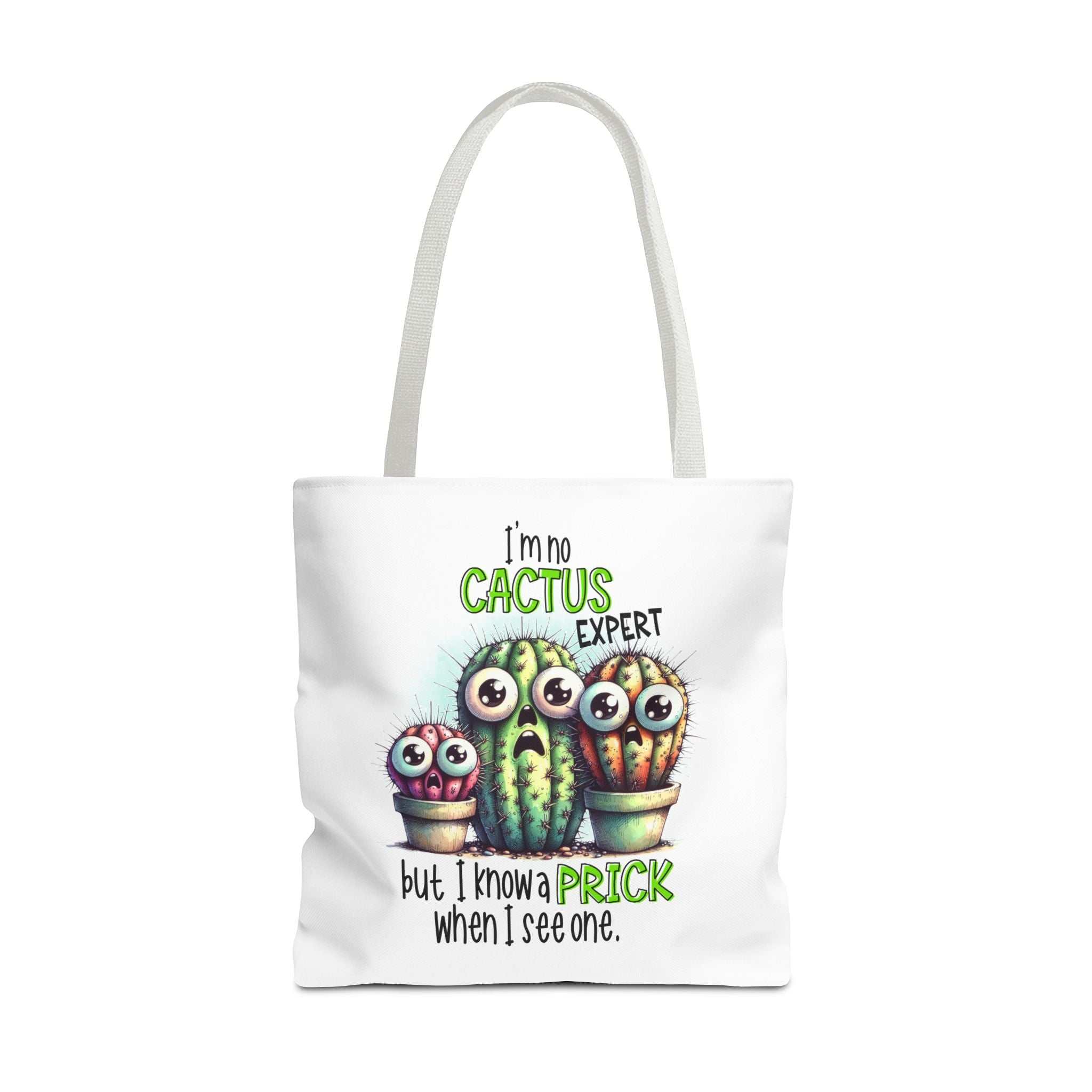 Fun cactus tote bag with cheeky design, durable spun polyester, cotton straps, available in three sizes and five handle colors