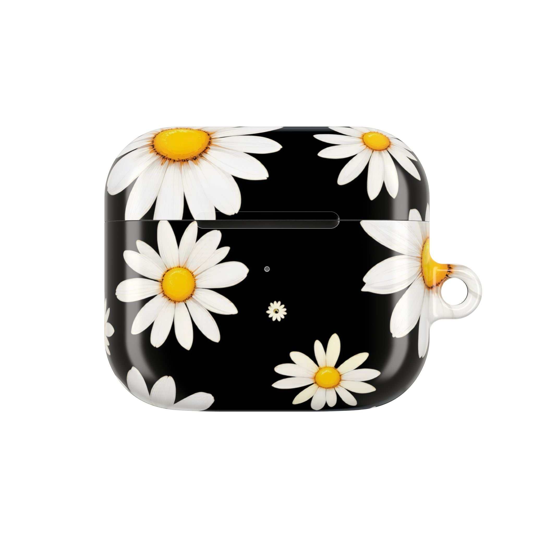 Black Daises AirPods protective hard shell case with white daisy design on black background